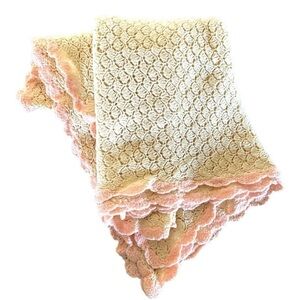 VINTAGE, BEAUTIFULLY HANDMADE, BABY BLANKET. CREAM COLOR WITH PINK TRIM.
